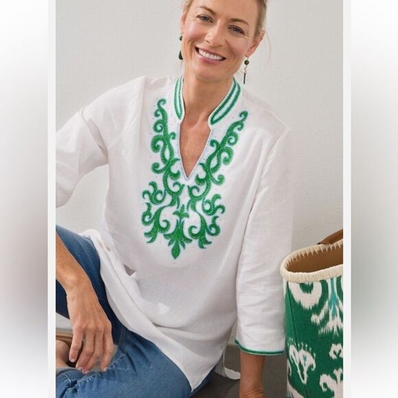 Chico's Embellished Linen Tunic Top Sz 2 Us 12/14 Green Blue Beading White NWOT - Picture 1 of 5